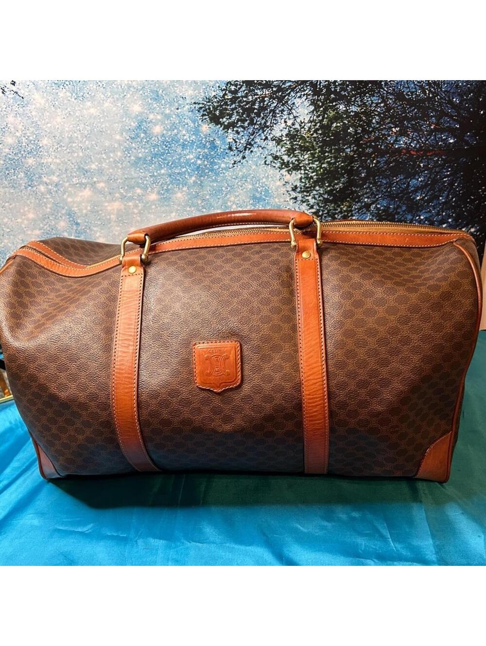 Celine Macadam Triomphe Boston Duffel Bag Brown Coated Canvas VGC
